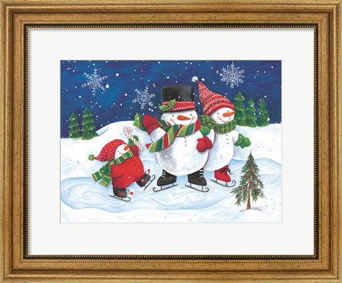 Framed Happy Snowmen Family on Skates Print