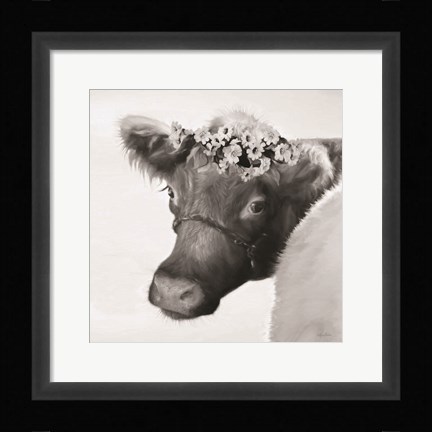 Framed Brown Cow with Flowers Print