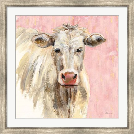 Framed White Cow on Pink Print