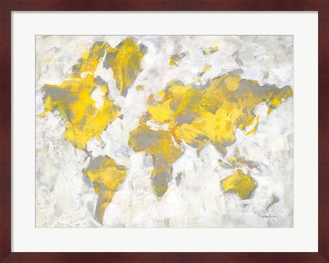 Framed World Map Yellow Gray Print