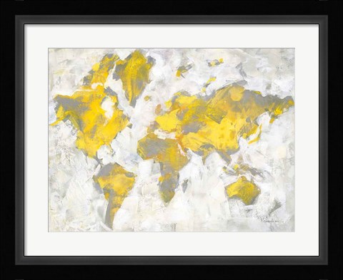 Framed World Map Yellow Gray Print