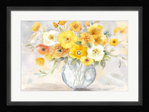 Framed Bright Poppies Vase yellow gray Print