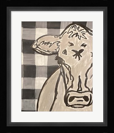 Framed Farm Sketch Cow buffalo plaid Print