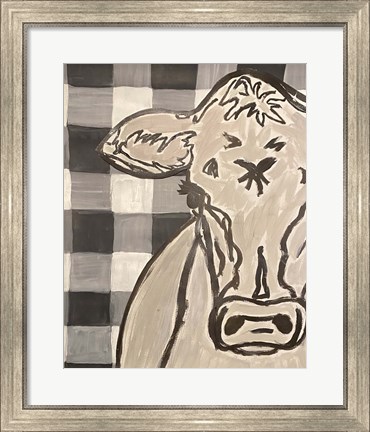 Framed Farm Sketch Cow buffalo plaid Print
