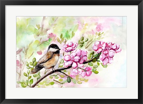 Framed Spring Chickadee and Apple Blossoms Print