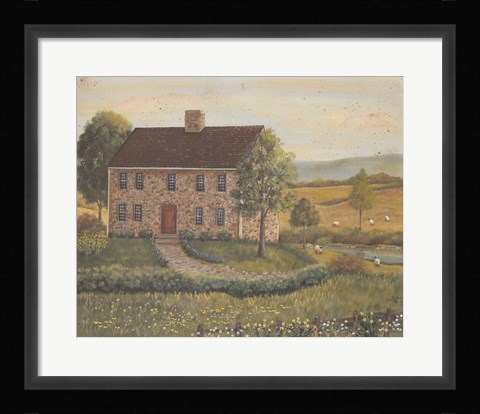 Framed Stone House with Wild Flowers Print