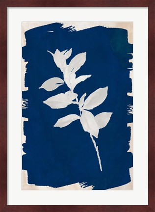 Framed White Leaf on Navy II Print