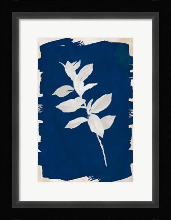Framed White Leaf on Navy II Print