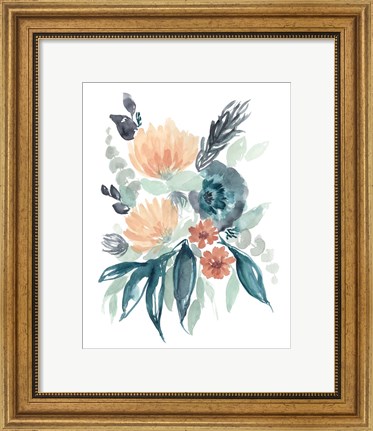 Framed Teal &amp; Peach Bouquet I Print