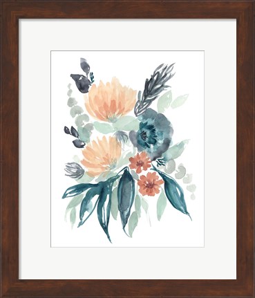 Framed Teal &amp; Peach Bouquet I Print