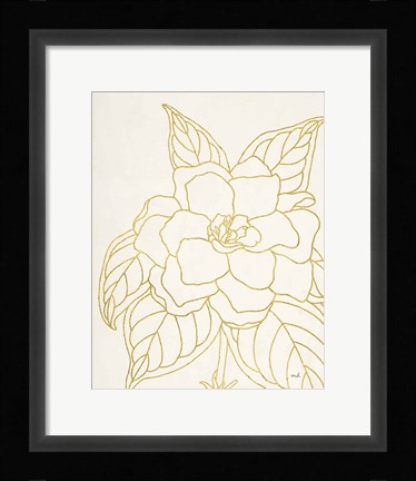 Framed Gold Gardenia Line Drawing Crop Print