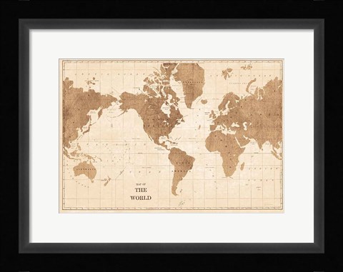 Framed World Map Sepia No Words Print