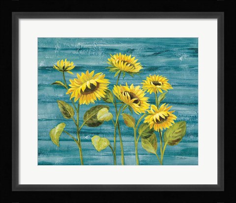 Framed Cottage Sunflowers Teal Print