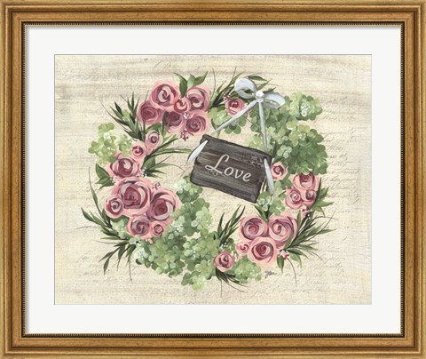 Framed Hydrangea Wreath Green &amp; Pink Print