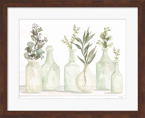 Framed Bottles and Greenery I Print