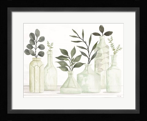 Framed Bottles and Greenery II Print