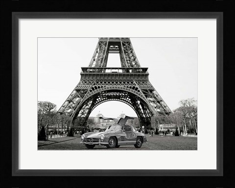 Framed Roadster Under the Eiffel Tower (BW) Print