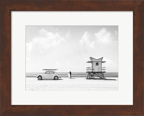 Framed Waiting for the Waves, Miami Beach (BW) Print