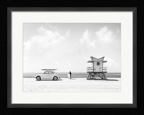Framed Waiting for the Waves, Miami Beach (BW) Print