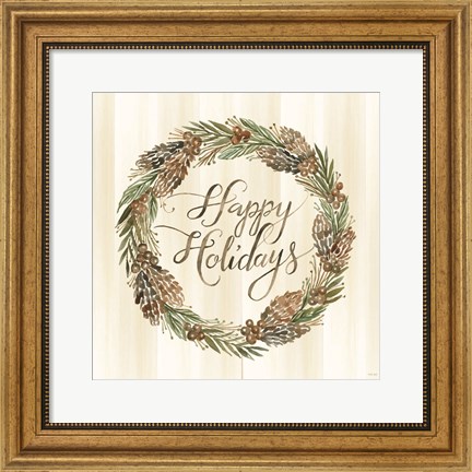 Framed Sage Happy Holidays Wreath Print