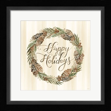 Framed Sage Happy Holidays Wreath Print