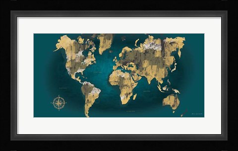 Framed Sketched World Map Blue Crop Print