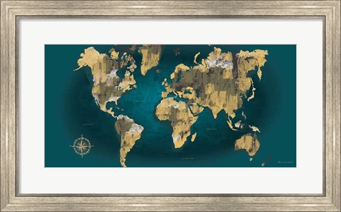 Framed Sketched World Map Blue Crop Print