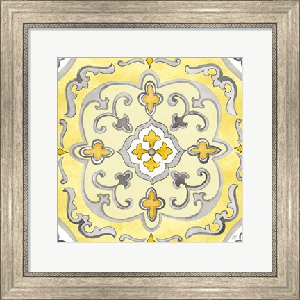 Framed Jewel Medallion yellow gray II Print