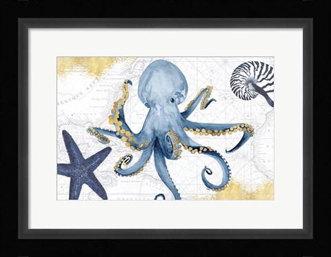 Framed Deep Blue Sea I White Gold Print