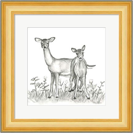 Framed Watercolor Pencil Forest X-Deer Family Print