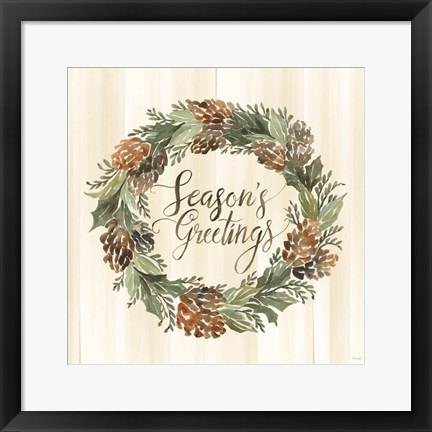 Framed Sage Season&#39;s Greetings Wreath Print