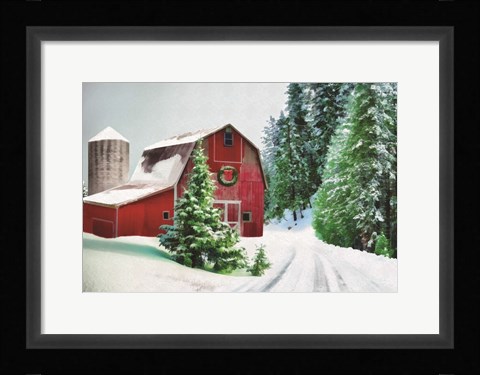 Framed Winter Pines Red Barn Print
