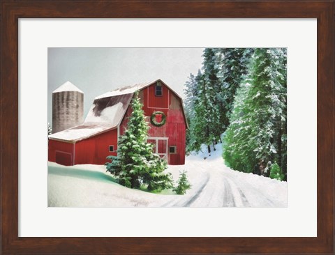 Framed Winter Pines Red Barn Print