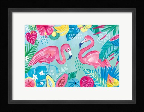 Framed Fruity Flamingos I Print