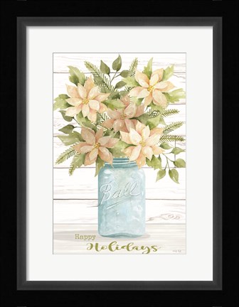 Framed Happy Holidays White Poinsettias Print