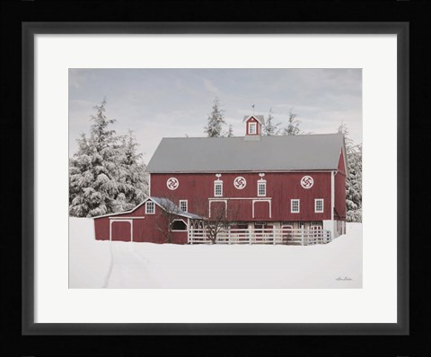 Framed Red Barn in the Pines Print