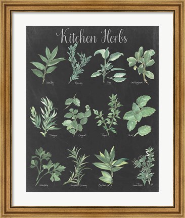 Framed Kitchen Herb Chart on Black II Print