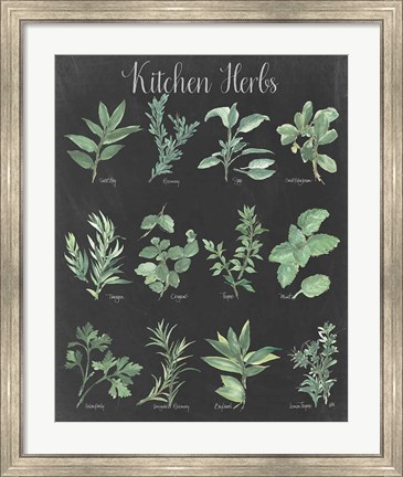Framed Kitchen Herb Chart on Black II Print