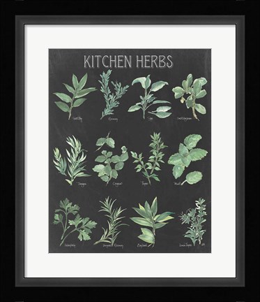 Framed Kitchen Herb Chart on Black I Print
