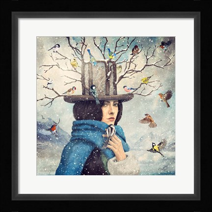 Framed Lady With The Bird Feeder Hat Print