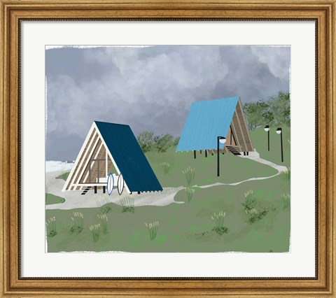 Framed Lake Cabins At Dusk Print