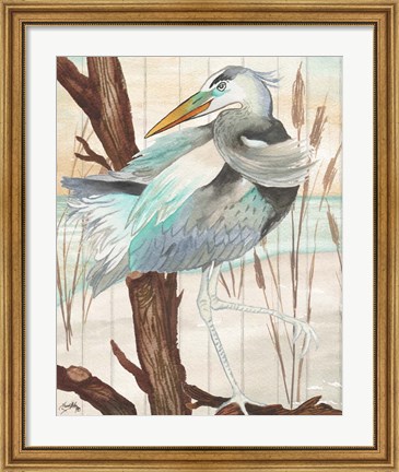 Framed Heron On Branch II Print