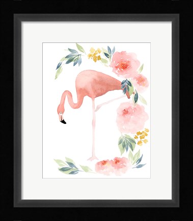 Framed Floral Flamingo I Print