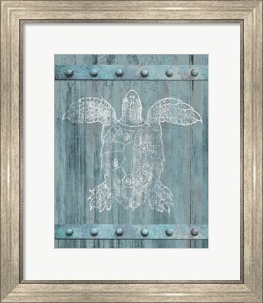 Framed White Turtle On Blue Print