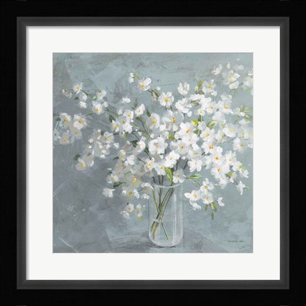 Framed Fresh White Bouquet Gray Crop Print