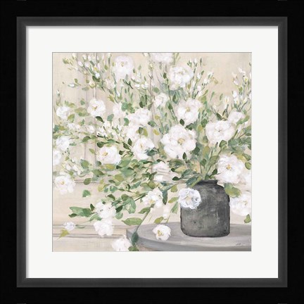 Framed White Bouquet Gray Vase Print