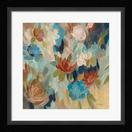 Framed Blue and Sienna Floral Print