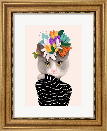 Framed Cat With Flowers and Finch Print