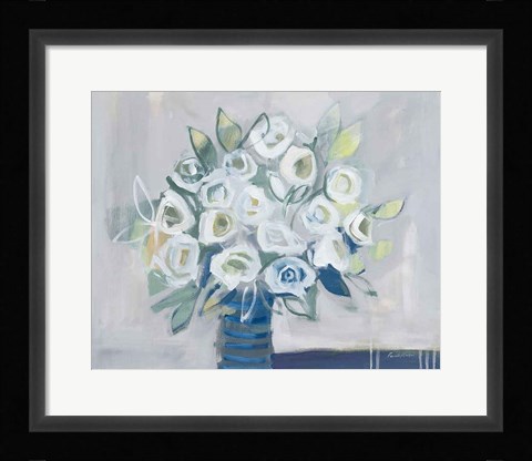 Framed White Roses on Gray Print