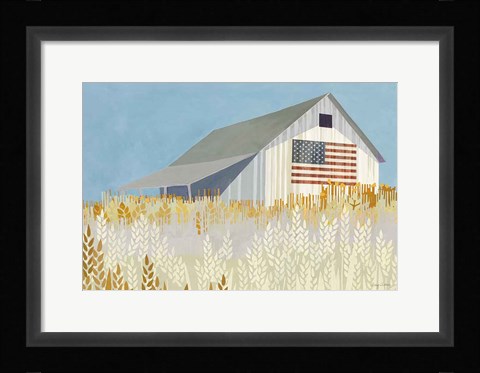 Framed Wheat Fields Barn with Flag Print